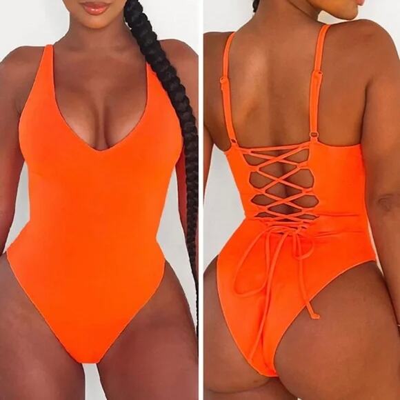TA3 Other - TA3 Swim Plungey One Piece Swimsuit Pink Compression Lace Up Corset SZ L
